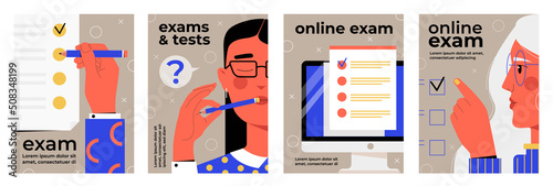 Set of online exam posters. Remote educational test to control student knowledge. Design element for social networks, websites and print. Cartoon flat vector collection isolated on white background