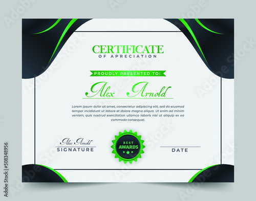 Modern abstract shapes certificate of achievement with badge. Award diploma and graduation template
