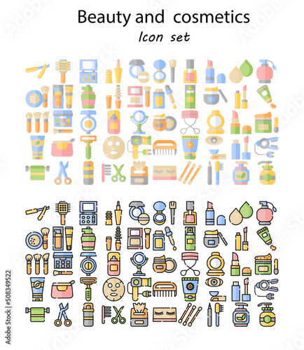 Set of beauty and cosmetics icon set. Line and flat beauty and cosmetics icons.