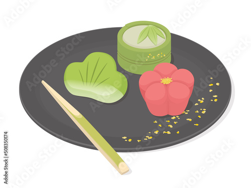 Vector illustration of traditional Japanese sweets - Wagashi, Nerikiri - in the shape of pine, bamboo and Japanese apricot blossom.