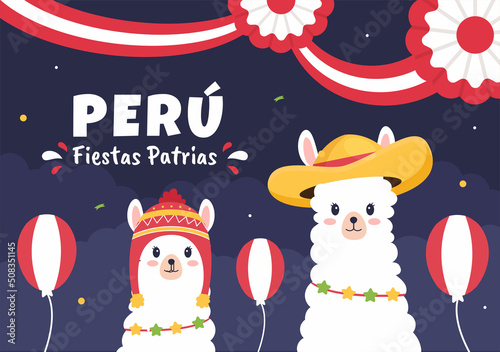 Felices Fiestas Patrias or Peruvian Independence Day Cartoon Illustration with Flag for National Holiday Peru Celebration on 28 july in Flat Style Background