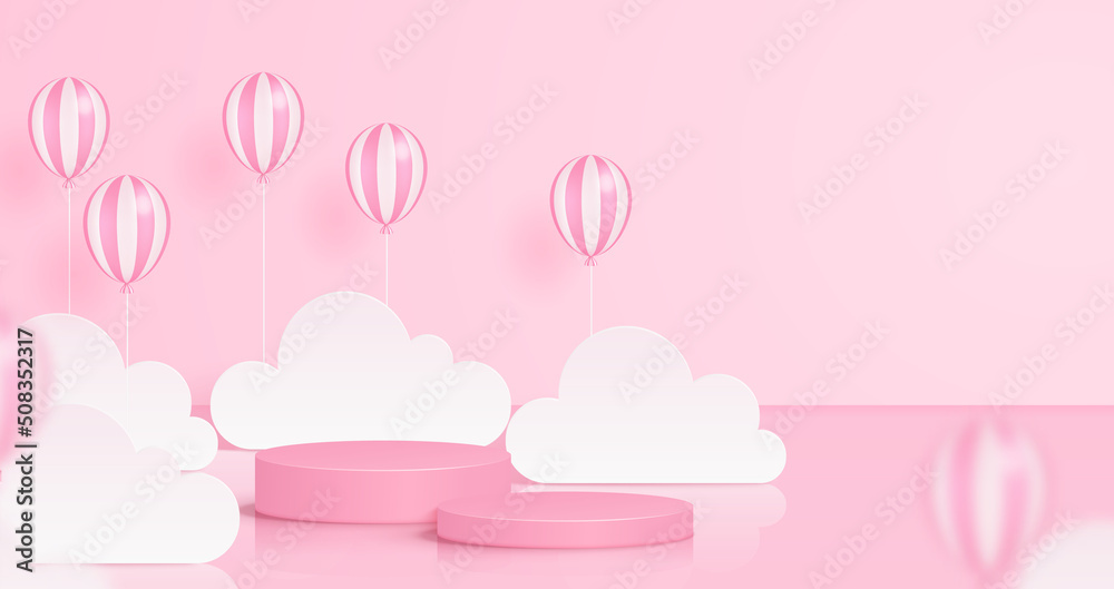 Vector illustration of 3d pink podium with balloon, clouds. Pastel background for product display, adverting.