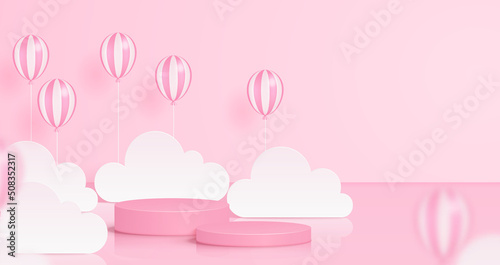 Vector illustration of 3d pink podium with balloon, clouds. Pastel background for product display, adverting.