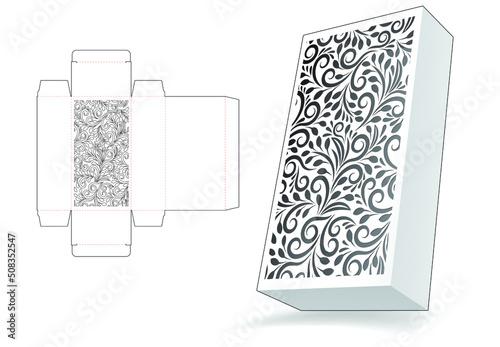 stenciled box die cut template and 3D mockup