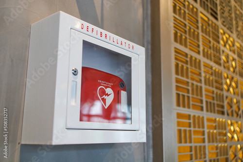 Fotobehang An automated external defibrillator box in a commercial building
