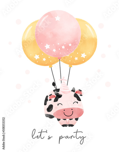 cute baby cow girl on party birthday balloons hand drawn cartoon watercolour farm animal character illustration vector