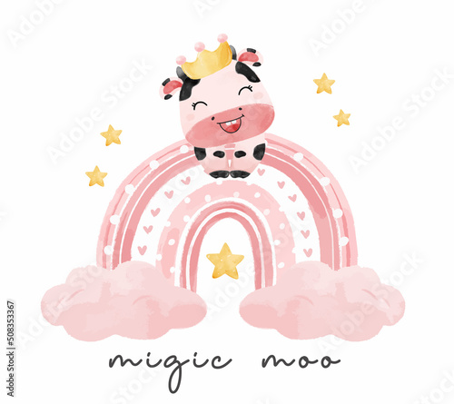 cute baby pink cow girl hanging on pink rainbow hand drawn cartoon watercolour farm animal character illustration vector