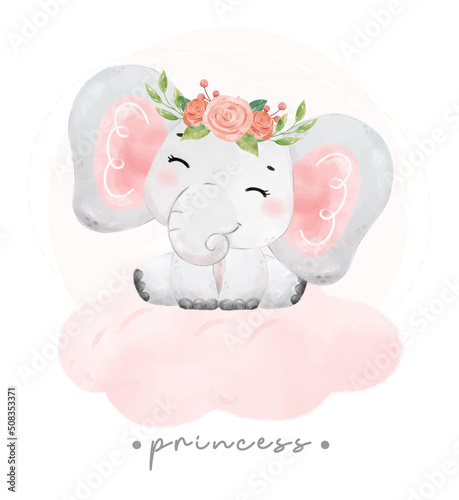 cute baby pink elephant sitting on soft cloud cartoon watercolor hand drawn illustration vector