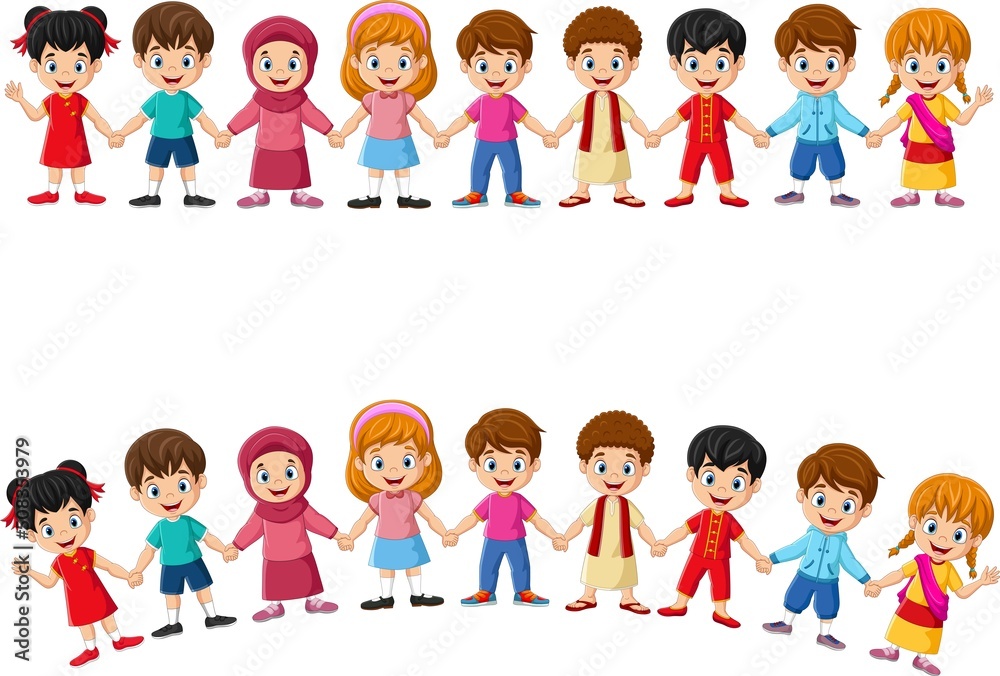 Cartoon group of multiethnic children holding hands Cartoon group of multiethnic children holding hands