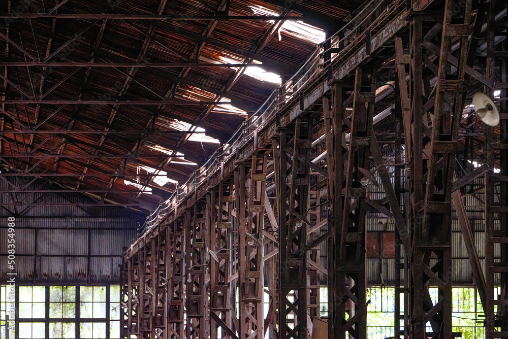 An abandoned steel frame structure automobile production workshop