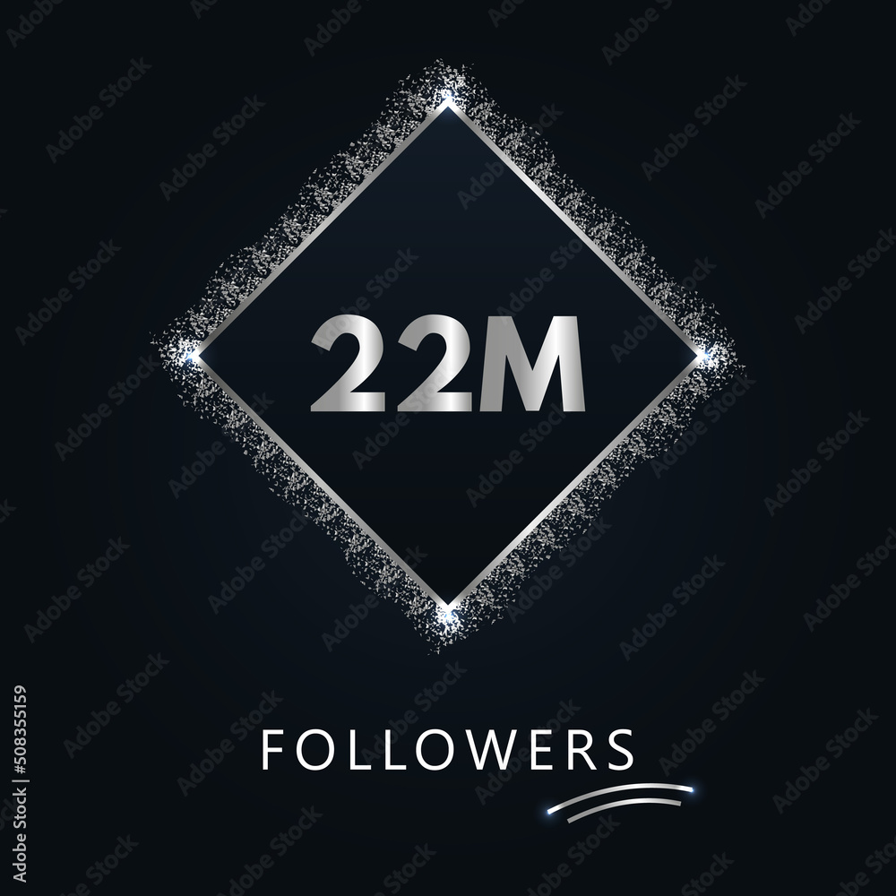 22M with silver glitter isolated on a navy-blue background. Greeting card template for social networks likes, subscribers, celebrating, friends, and followers. 22 million followers 22M with silver glitter isolated on a navy-blue background. Greeting card template for social networks likes, subscribers, celebrating, friends, and followers. 22 million followers