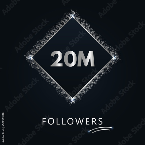 20M with silver glitter isolated on a navy-blue background. Greeting card template for social networks likes, subscribers, celebrating, friends, and followers. 20 million followers
