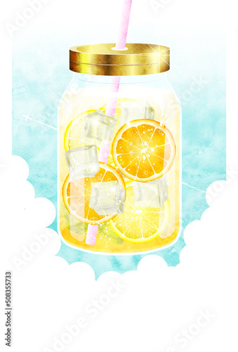 水彩風瓶詰め柑橘ドリンクと雲の暑中見舞いはがきタテ