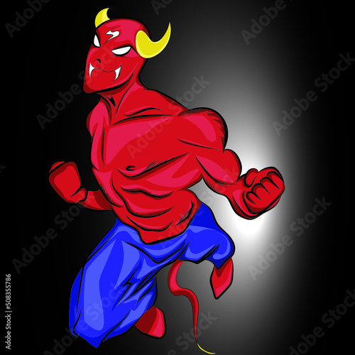 Red demon character with horns, muscular with a tail.