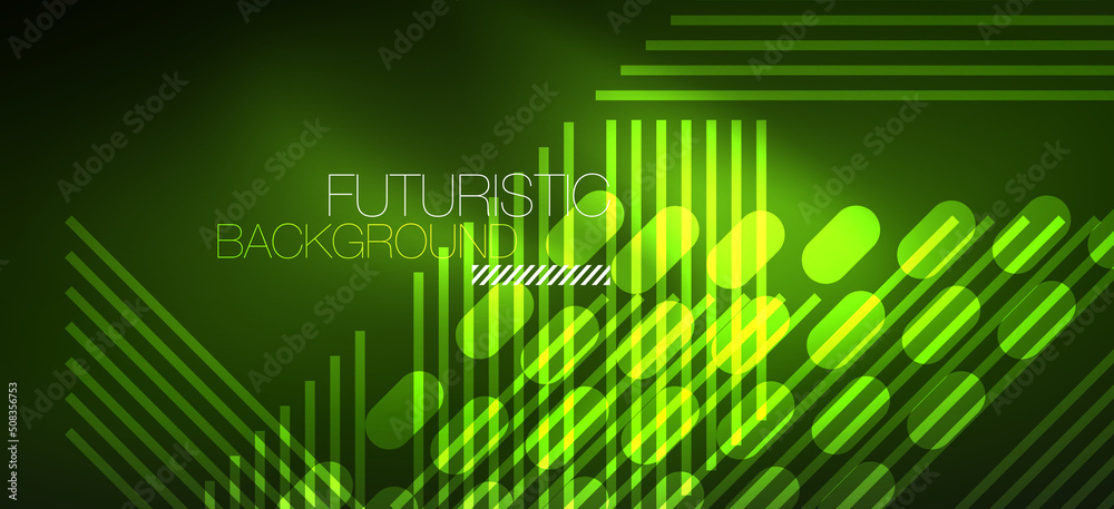 Background wallpaper neon glowing lines and geometric shapes. Dark wallpaper for concept of AI technology, blockchain, communication, 5G, science, business and technology