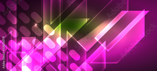 Background wallpaper neon glowing lines and geometric shapes. Dark wallpaper for concept of AI technology, blockchain, communication, 5G, science, business and technology
