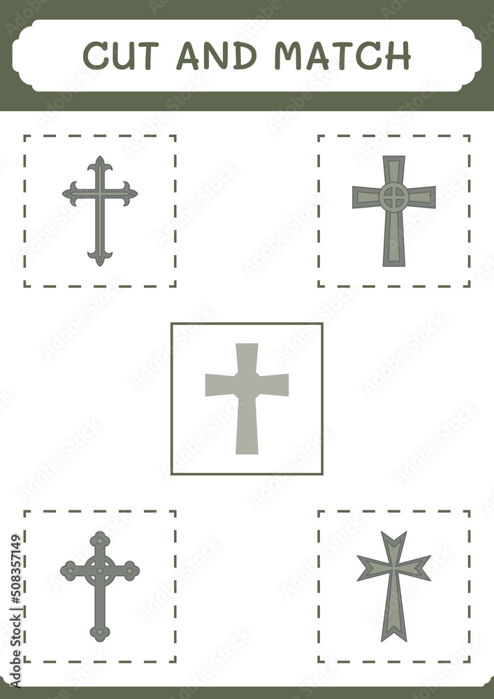 Cut and match parts of Christian cross, game for children. Vector illustration, printable worksheet Cut and match parts of Christian cross, game for children. Vector illustration, printable worksheet