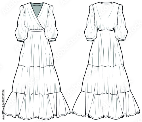 Woman Cross Over Bishop Sleeve Tiered Frill Hem Maxi Dress, Overlap Tiered Modesty Dress Front and Back View. Fashion Illustration, Vector, CAD, Technical Drawing, Flat Drawing.