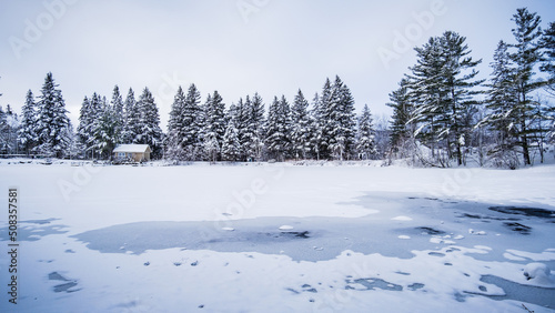 Frozen pond in the countryside near Tremblant ski resort on a cold and snowy winter day in Quebec (Canada)