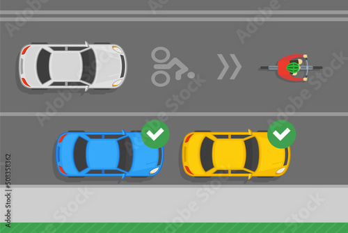 Outdoor parking rules and tips. Riding bicycle on a shared lane or sharrow. Top view of correct parked cars at edge of the city road. Flat vector illustration template.