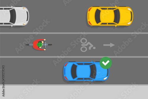 Outdoor parking rules and tips. Top view of correct parked car on city parking separated by bike path. Flat vector illustration template.