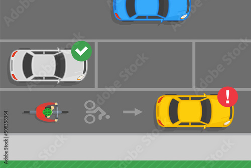 Outdoor parking rules and tips. No parking in bicycle lanes traffic or road rule. Top view of correct and incorrect parked cars. Flat vector illustration template.