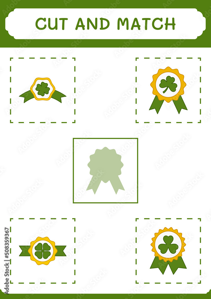 Cut and match parts of Clover badge, game for children. Vector illustration, printable worksheet
