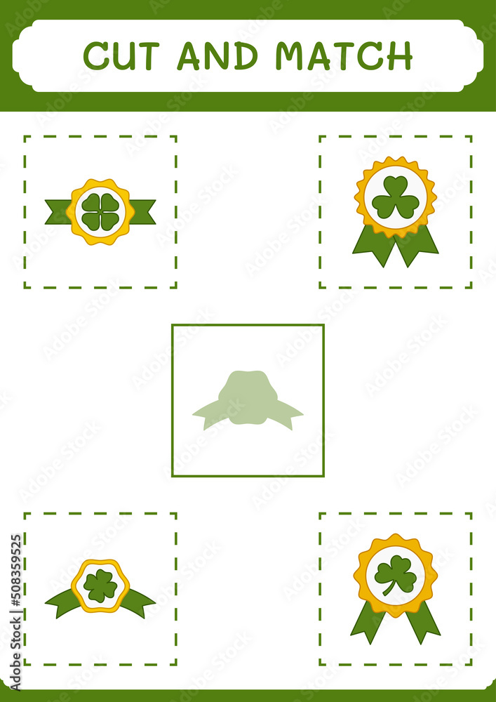 Cut and match parts of Clover badge, game for children. Vector illustration, printable worksheet Cut and match parts of Clover badge, game for children. Vector illustration, printable worksheet