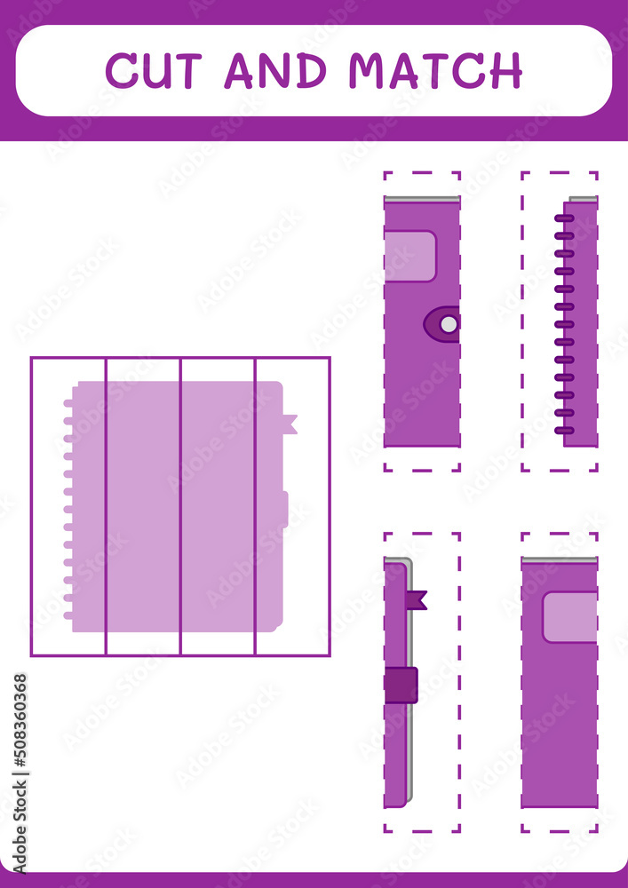 Cut and match parts of Notebook, game for children. Vector illustration, printable worksheet Cut and match parts of Notebook, game for children. Vector illustration, printable worksheet