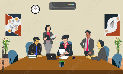 Lawyers discussing on business maters in their law firm. Flat cartoon vector illustration.