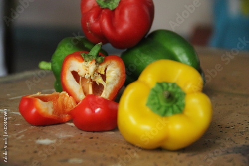 Green, red and yellow bell peppers