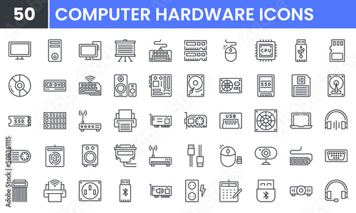 Computer Hardware vector line icon set. Contains linear outline icons like PC, CPU, Laptop, USB, DVD Room, HDD, SSD, RAM, Graphic Card, Keyboard, Mouse, LCD Projector, Storage. Editable use and stroke