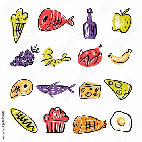 Vector collection of products, fruits and vegetables. Scandinavian style of hand-drawn food products.