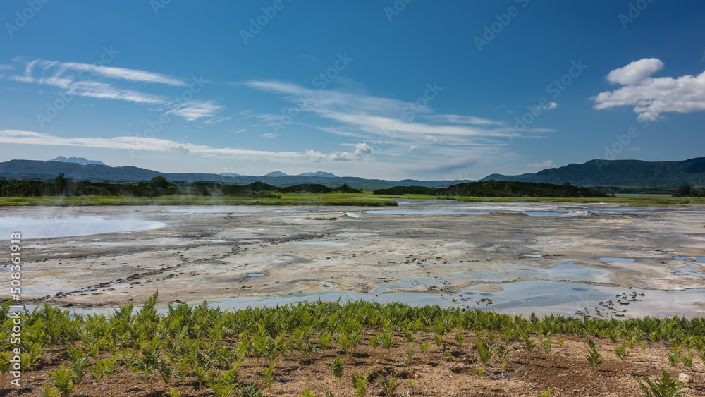 There are hot springs in the valley of the caldera of an extinct volcano. Steam rises above the water. Traces of bear paws are visible on the sandy soil. Mountains and blue sky. Kamchatka. Uzon