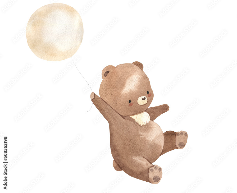 Fototapeta premium Watercolor bear on balloon illustration for kids