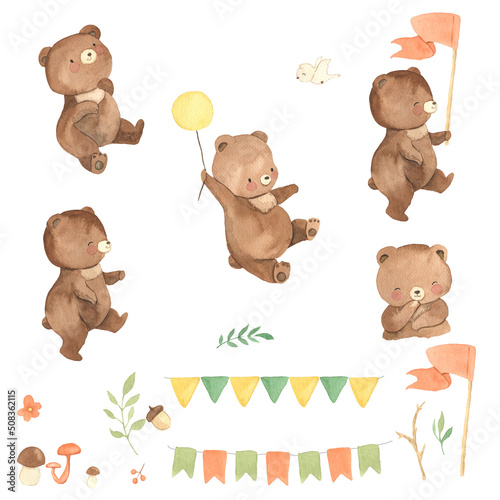 Watercolor bear. Forest animal illustration for kids