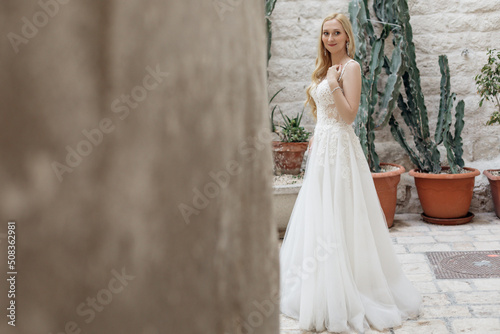 Gorgeous and pretty bride in clear white elegant wedding dress standing alone outdoors. Trunk of the tree in foreground