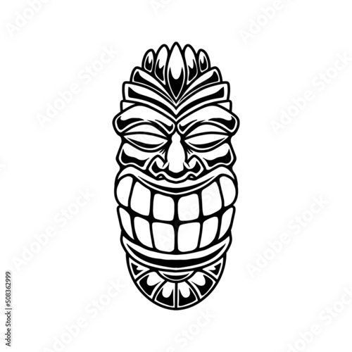 Illustration of tiki idol in monochrome style. Design element for poster, card, banner, emblem, sign. Vector illustration