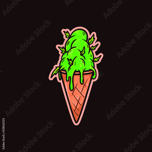 a vector illustration of delicious green weed ice cream with cannabis leaf topping