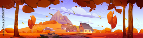 Autumn landscape with mountain, village houses and trees. Vector cartoon illustration of country scene of orange valley with cottages on foothills of sleeping volcano