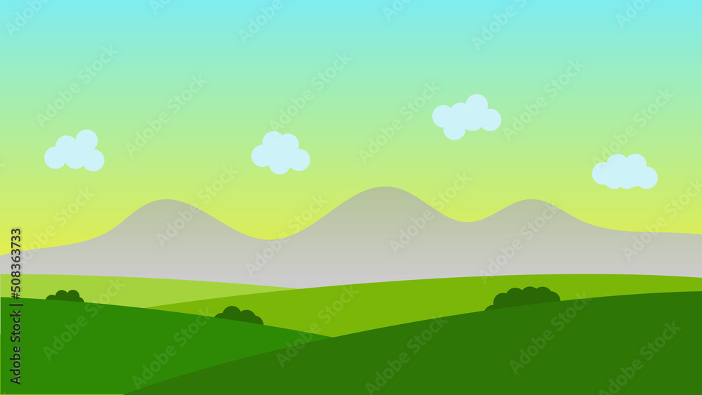Fototapeta premium landscape cartoon scene with green trees on hills and sky background