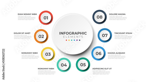 8 list of steps, circular layout diagram with number of sequence, infographic element template