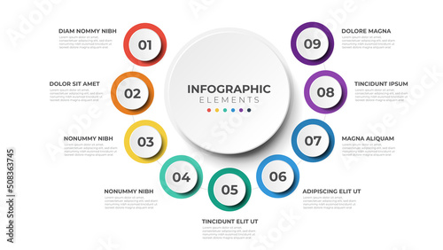 9 list of steps, circular layout diagram with number of sequence, infographic element template