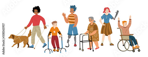 People with different disabilities, old woman with walkers. Vector flat illustration of diverse characters, man in wheelchair, blind with guide dog, boy with crutches, girl with prosthesis