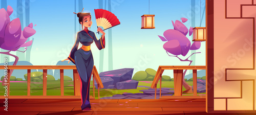 Geisha in kimono on wooden terrace in japanese garden. Vector cartoon illustration of girl in traditional asian dress with red fan on house porch and sakura trees with flowers and grass on background © klyaksun