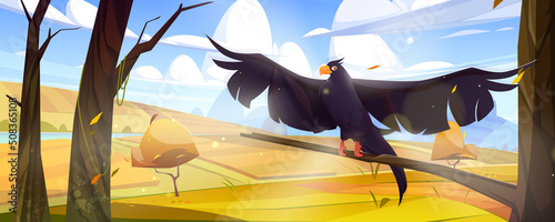 Autumn landscape with black raven with spread wings, agriculture fields and river. Vector cartoon illustration of countryside with lake, farm lands and wild crow on tree branch