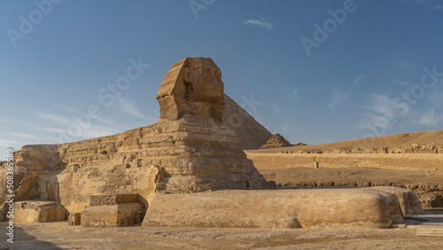 A full-length sculpture of the Great Sphinx on the Giza plateau. The layered structure and ancient masonry are visible. In the distance, against the blue sky - pyramids. Egypt. 