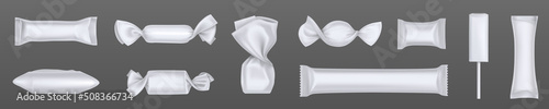 Blank wrappers of candies and chocolates, 3d white plastic packs. Vector realistic mockup of sweets wraps, empty template of packages for bonbon, snacks and hard sugar candies