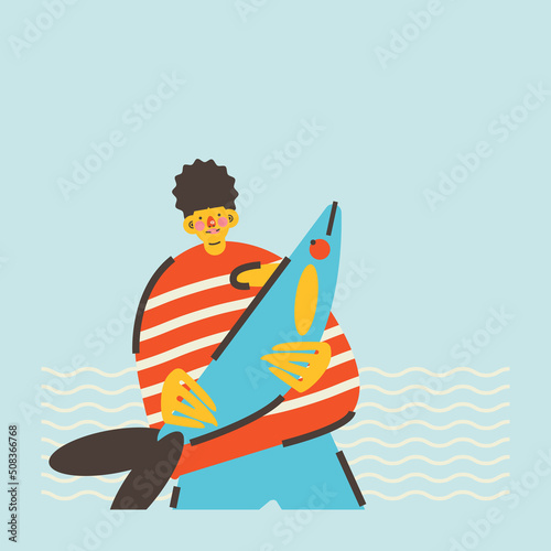 A young fisherman guy is holding a big fish in front of the sea. Stylish vector illustration, postcard, poster, print, design photo