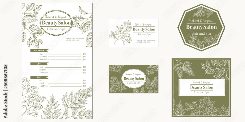 set of beauty salon template designs with hand drawn illustration of herb leaves
